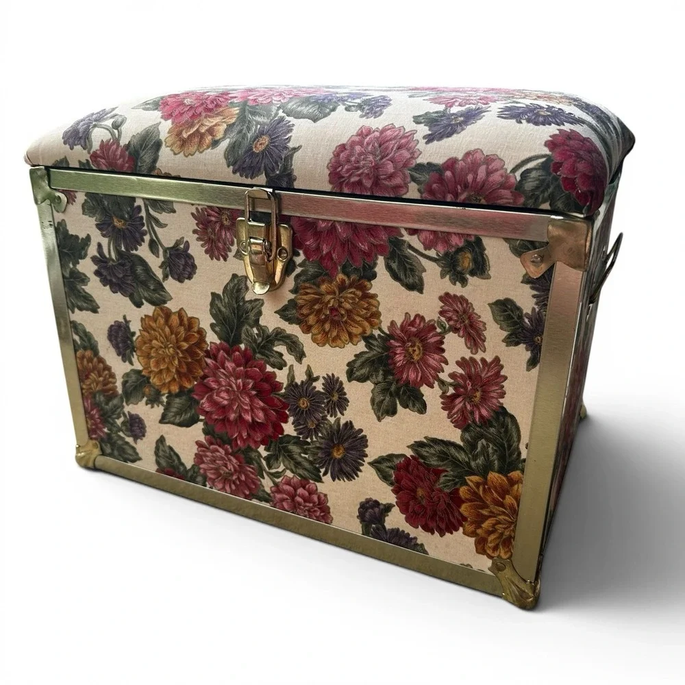 Vintage Deco Trunk Co Floral Flower Fabric Trunk Box Sewing Storage Brass Granny